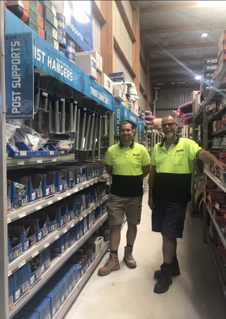 Rod Hickey (L) – Partner, and John Humphries (R) – Store Manager, beside Mt Alexander's range of VUETRADE Timber Connectors.